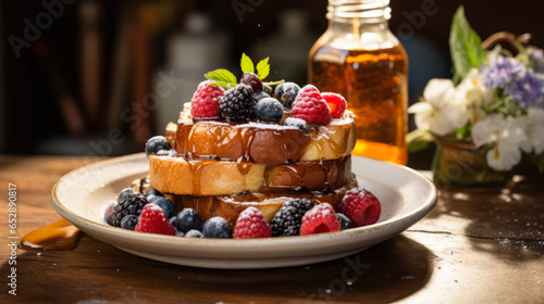 Artisanal French toast with berries and syrup on a charming farmhouse table  photo
