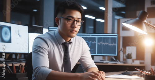 Young Asian man working late at night in office, analyzing financial charts on computer screen. photo