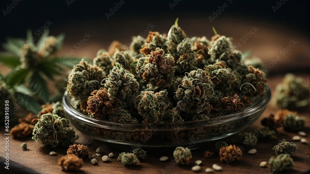Cannabis Collection - Close-Up of a Dish Filled with Lush Marijuana Buds, cannabis, weed, ganja 16:9 - obrazy, fototapety, plakaty 
