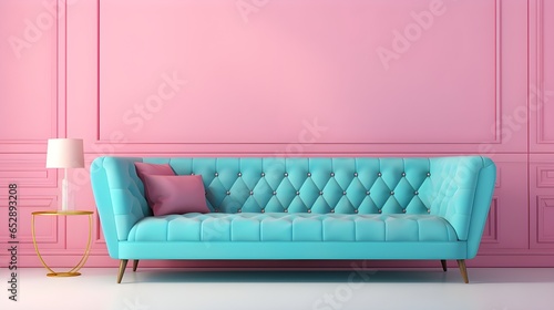 A blue pastel colored luxury sofa in a pink walls living room  mock up.