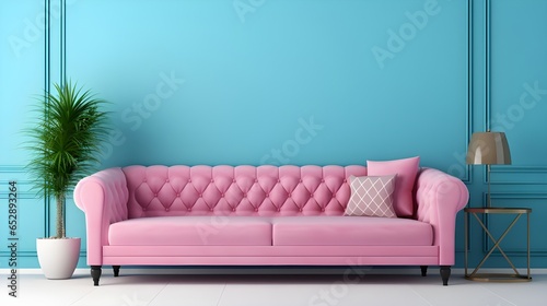 A pink pastel colored sofa in a pastel blue walls living room, mock up.