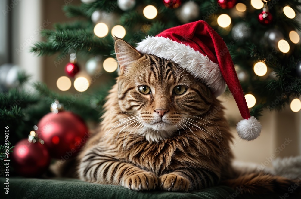 Christmas cat in Santa hat on the background of a Christmas tree and lights. AI generated Christmas cat in Santa hat on the background of a Christmas tree and lights. AI generated