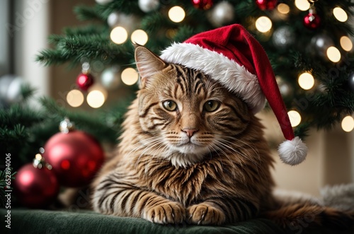 Christmas cat in Santa hat on the background of a Christmas tree and lights. AI generated