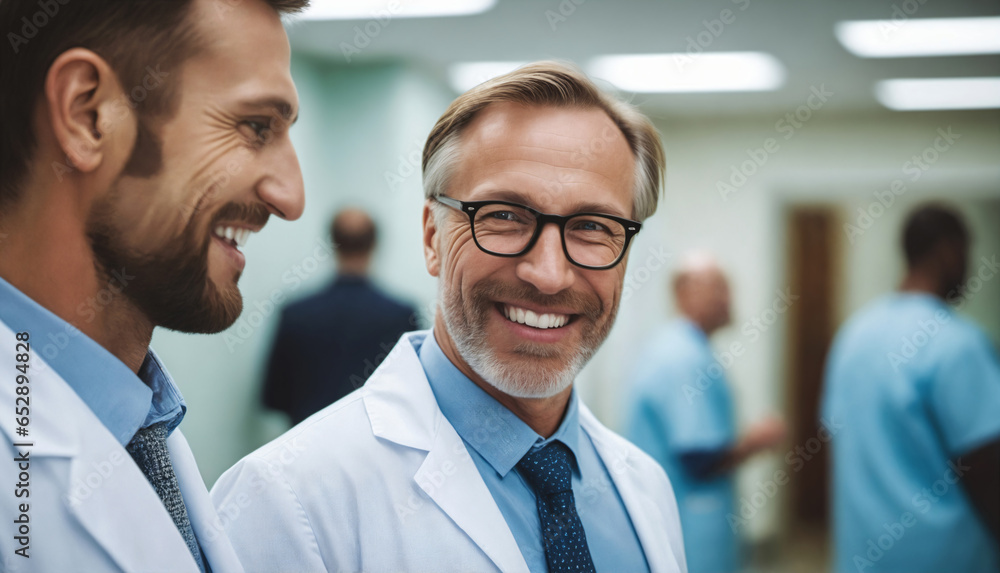 Candid Caucasian Doctors in a Hospital Hallway Candid Caucasian Doctors in a Hospital Hallway