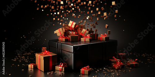 Stack of three realistic black gift boxes with red ribbon and bow © PanArt
