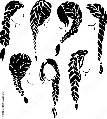 Collection of different long hair braids icon isolated on white background