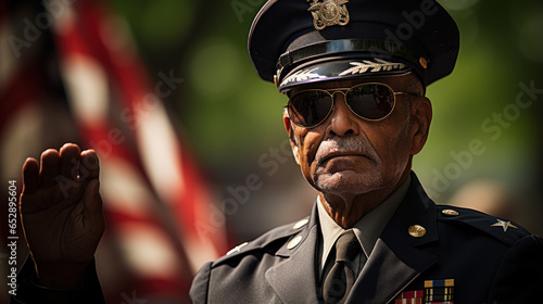 Portrait of a senior veteran saluting in military uniform on the street.