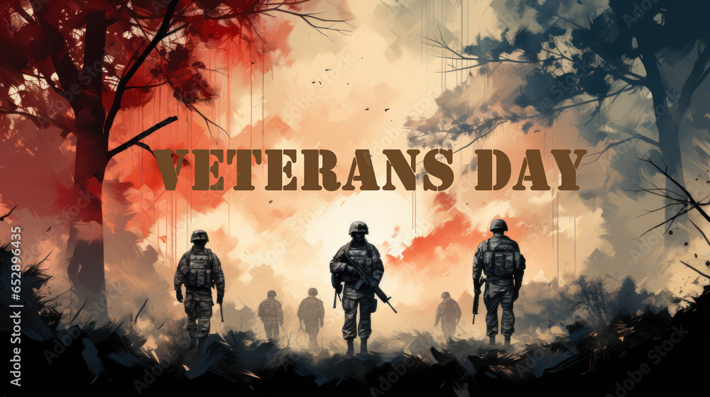 Veterans day background with soldiers and text. 3D illustration. - obrazy, fototapety, plakaty 