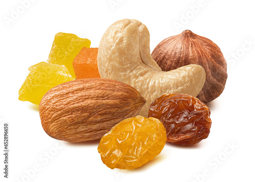 Hazelnut, cashew, almond nuts, candied fruit, yellow and brown raisins isolated on white background