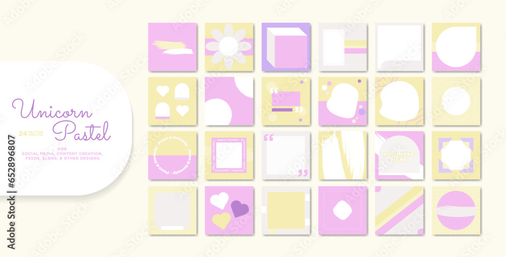 24 Social Media Bundle in unicorn pastel - themed colors. Cute and aesthetic design with organic and geometric shapes for copy space. Aesthetic templates. Editable Vector Illustration.
24 Social Media Bundle in unicorn pastel - themed colors. Cute and aesthetic design with organic and geometric shapes for copy space. Aesthetic templates. Editable Vector Illustration.