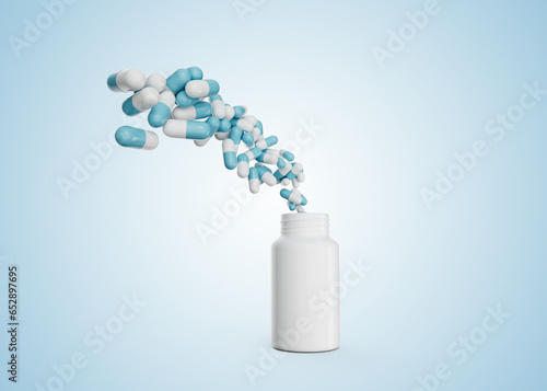 3d Empty White Pill Bottle With Pharmaceutical Antibiotic capsules Flying In The Air 3d Illustration