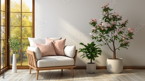 The interior design of a modern living room with an armchair features a blank mock-up poster frame on a beige wall