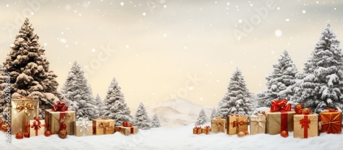 Gorgeous winter scene with a festive tree and colorful gifts