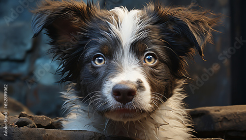 Cute puppy sitting, looking at camera, wet fur, fluffy hair generated by AI