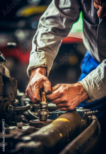 Close-up on mechanic's hands who fixing a car