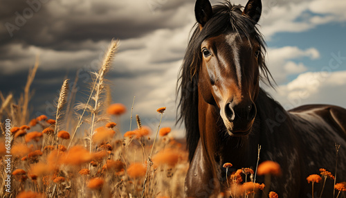 Beautiful horse grazing in a peaceful meadow at sunset generated by AI