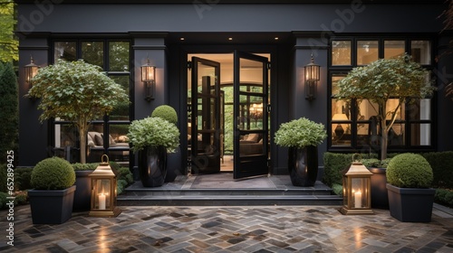The main entrance door is a black front door framed with glass, adding an elegant touch to the luxury house