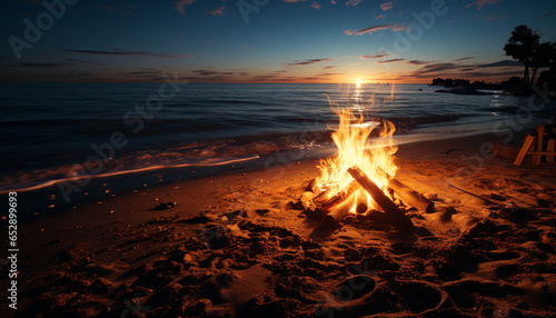 Flaming campfire burns at dusk, reflecting beauty in tranquil nature generated by AI