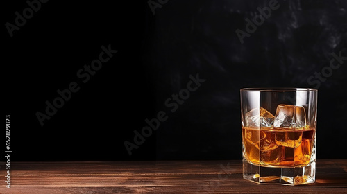 Glass of whiskey on wooden table with copy space. AI