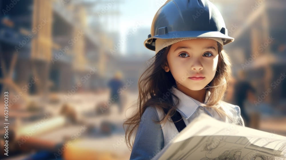 Cute little architect holding blueprints on construction site background. Dreaming of future. Cute little architect holding blueprints on construction site background. Dreaming of future.