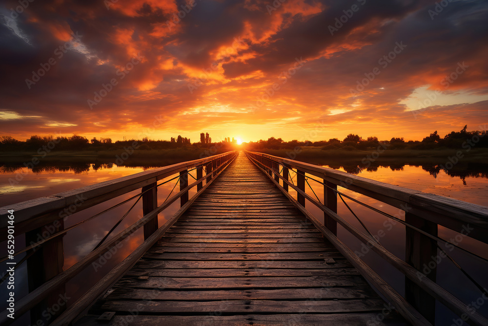 Wooden bridge at beautiful sunset, generative AI