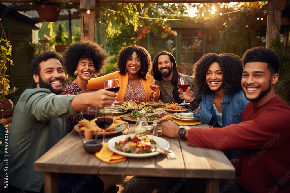 Obraz premium Happy multiracial friends toasting and having fun together during meal on a patio at sunset.