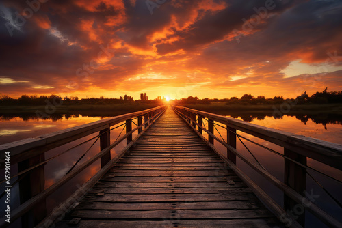 Wooden bridge at beautiful sunset, generative AI