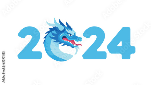 2024 happy Chinese new year of dragon logo, blue colors and symbol with dragon, flat design illustration, poster