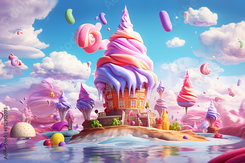 Ice Cream fantasy world, Cartoon illustration of a big ice cream waffle cone surrounded by colorful creamy elements. Creative Ice cream banner advertising concept. Imaginary ice cream world wallpaper.