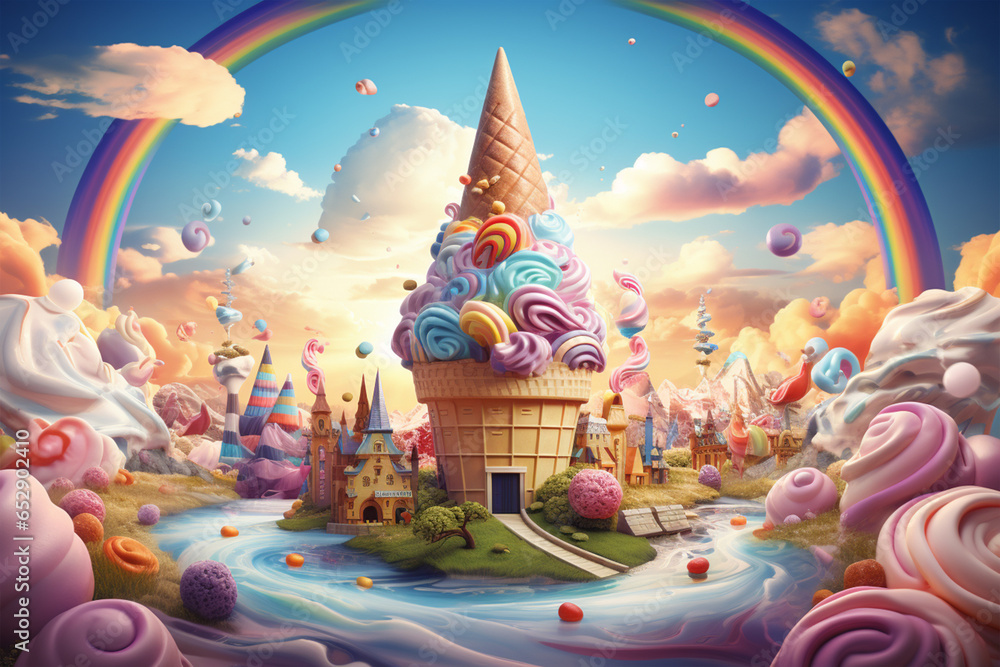 Ice Cream fantasy world, Cartoon illustration of a big ice cream waffle cone surrounded by colorful creamy elements. Creative Ice cream banner advertising concept. Imaginary ice cream world wallpaper. Ice Cream fantasy world, Cartoon illustration of a big ice cream waffle cone surrounded by colorful creamy elements. Creative Ice cream banner advertising concept. Imaginary ice cream world wallpaper.