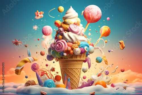 Ice Cream fantasy world, Cartoon illustration of a big ice cream waffle cone surrounded by colorful creamy elements. Creative Ice cream banner advertising concept. Imaginary ice cream world wallpaper.