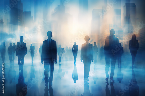 Silhouettes of walking people. Multiple exposure blurred image. Business concept illustration.