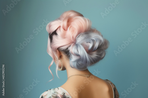Back view of young woman with multicolored pastel colored hair in elegant updo hairstyle in front of blue background