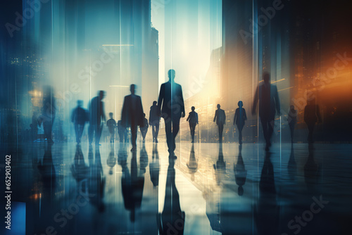 Silhouettes of business people walking outdoors. Multiple exposure image. Business concept illustration.