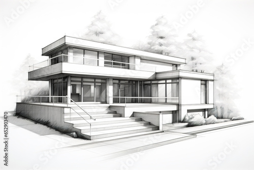 Minimalism design of a modern country house, exterior. Architectural monochrome sketch illustration drawing