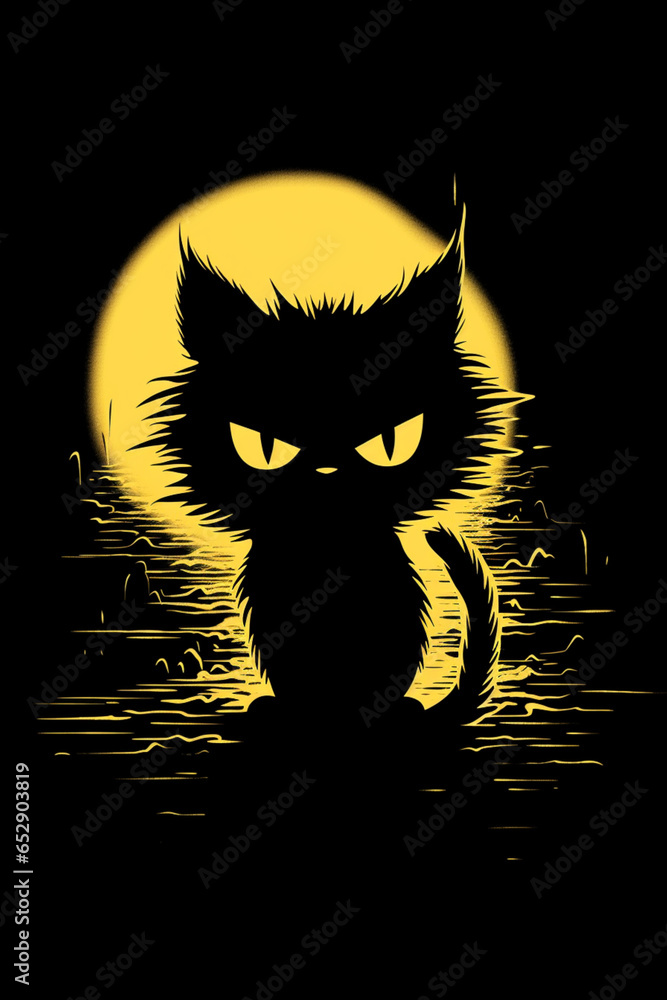 czarny, nastroszony kot, w świetle księżyca. - obrazy, fototapety, plakaty 