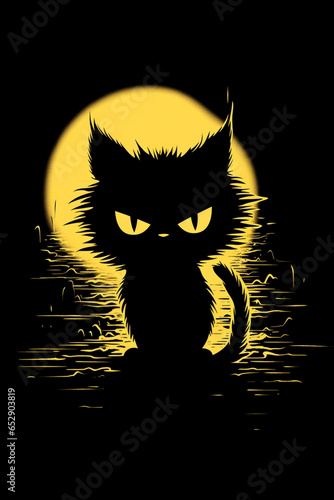 czarny, nastroszony kot, w świetle księżyca.