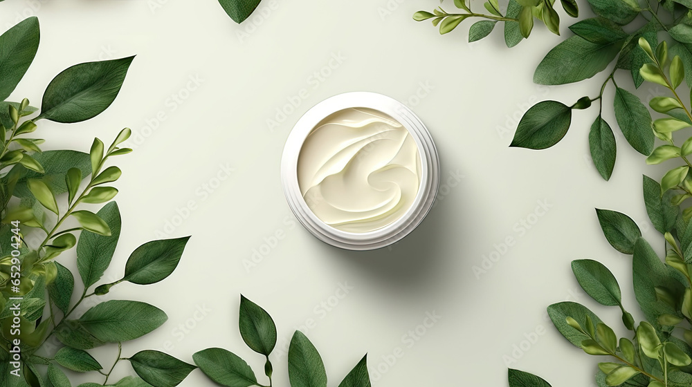 Ad banner for simple beauty products, mock-ups decorated with natural leaves and cream strokes, concept of organic skincare Ad banner for simple beauty products, mock-ups decorated with natural leaves and cream strokes, concept of organic skincare