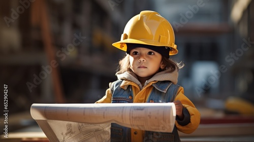 Cute little architect holding blueprints on construction site background. Dreaming of future.