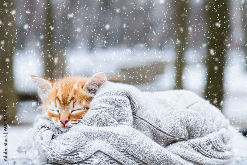 A cute kitten is sleeping wrapped in a warm knitted sweater in a winter park. Snow falls. Copy space. Concept with pets - obrazy, fototapety, plakaty 