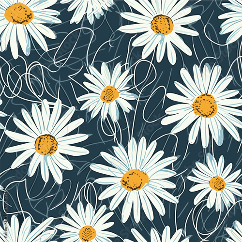 Abstract chamomile flowers seamless pattern. Seamless pattern with flowers on blue background.