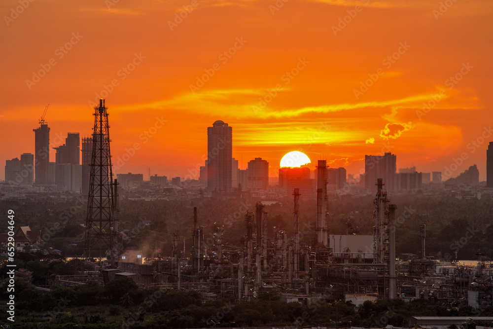 Aerial  view Industry Oil refinery oil and gas refinery Business petrochemical industrial, Refinery oil and gas factory power and fuel energy, Ecosystem estates. Fuel refinery industry at sunset light