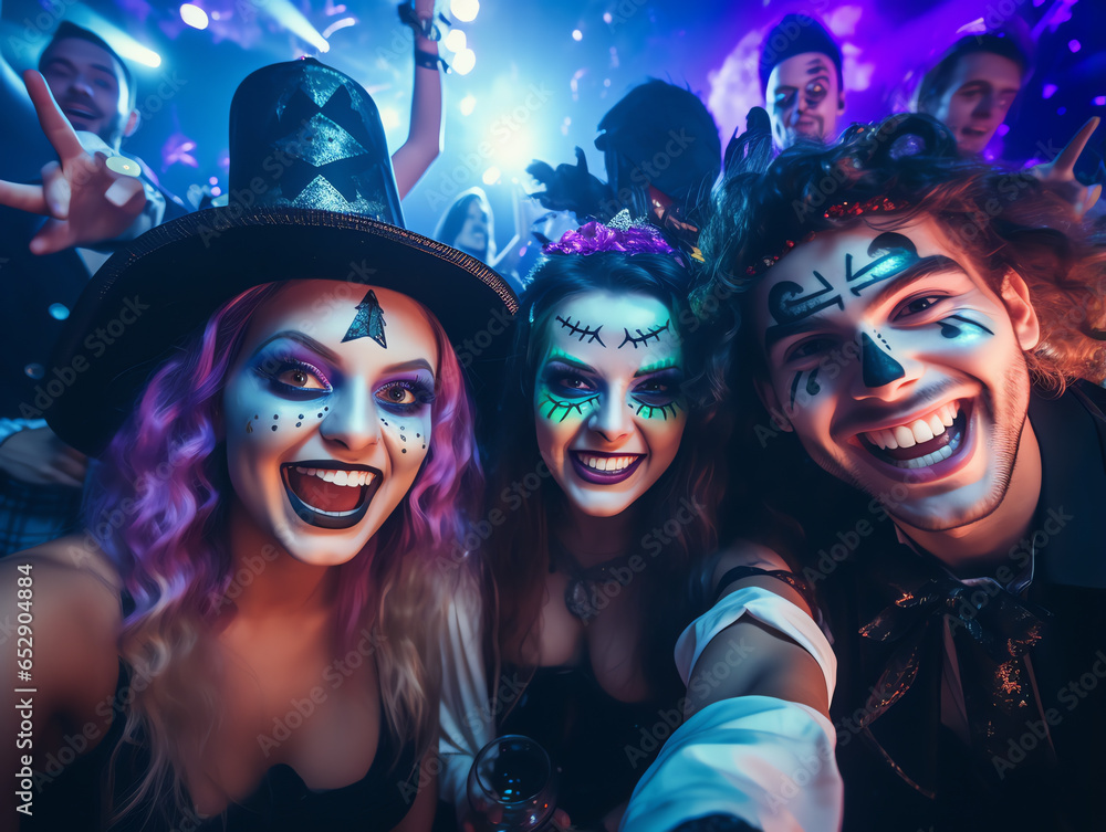 Fototapeta premium Group of young people wearing costumes at halloween party drinking cocktails and having fun in nightclub