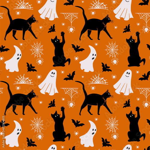 Creepy Halloween pattern om orange background. Black and white holiday design for Halloween party decoration, textile, wrapping paper, web banner, social media graphics photo