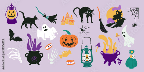 vector, holiday, Halloween, flat, minimalism, clipart, set, collection, hand drawn, illustration, composition, bold, party, celebration, spooky, creepy, skeleton, ghost, cauldron, spider web, cat, pum