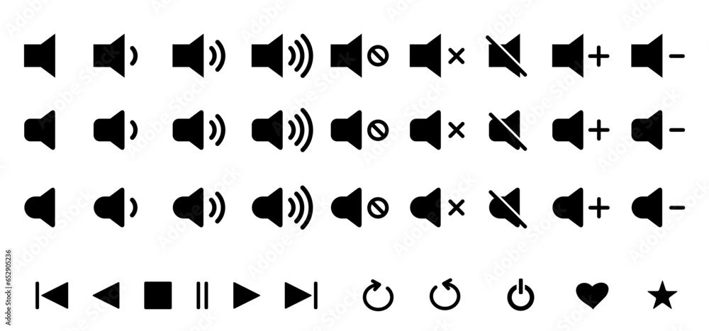 Multimedia: Play, pause, replay, previous, mute, and next track. Voice, sound volume icons with different signal levels. Sound, volume, speaker or audio control icon. Sound level. loud noise button. - obrazy, fototapety, plakaty 