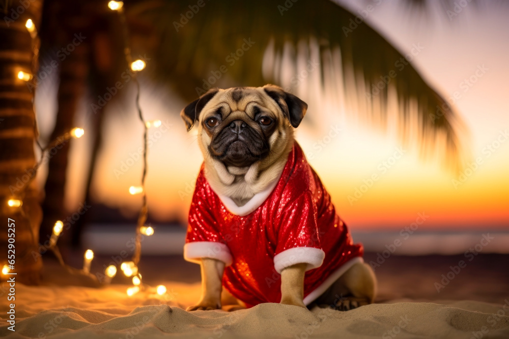 Cute pug in Christmas costume sits on seashore surrounded by palm trees decorated with garlands.