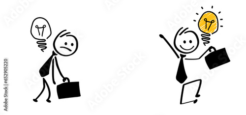 Cartoon think big idea lamp with brain. Happy Businessman and light bulb or chaos icon. Comic stick figures and energetic man. Vector bulb and idea. Thinking or brainstorming ideas brain. Low energy