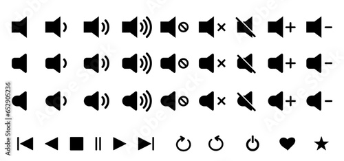 Multimedia: Play, pause, replay, previous, mute, and next track. Voice, sound volume icons with different signal levels. Sound, volume, speaker or audio control icon. Sound level. loud noise button.