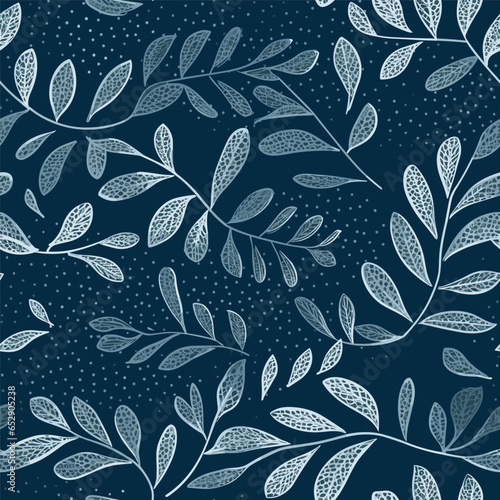 Abstract nature background. Botanical blue seamless pattern. Hand drawn foliage in dotted flat style. Leafage silhouettes. Outline contour drawing. Good for fashion, textile,